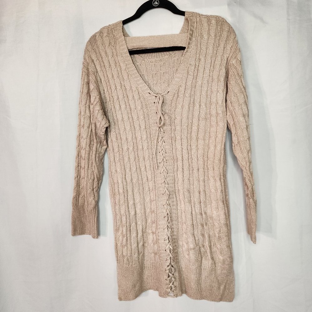 Purple Snow Beige Women's Choker Sweater Size Large Zig Zag Lace-Up Front